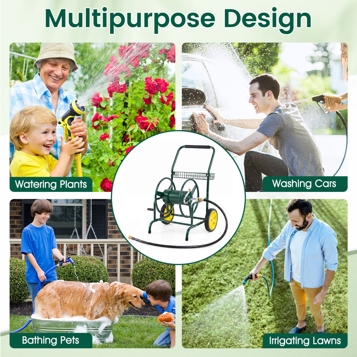 Garden Hose Reel Cart with Storage Basket - 2 Wheels, Green