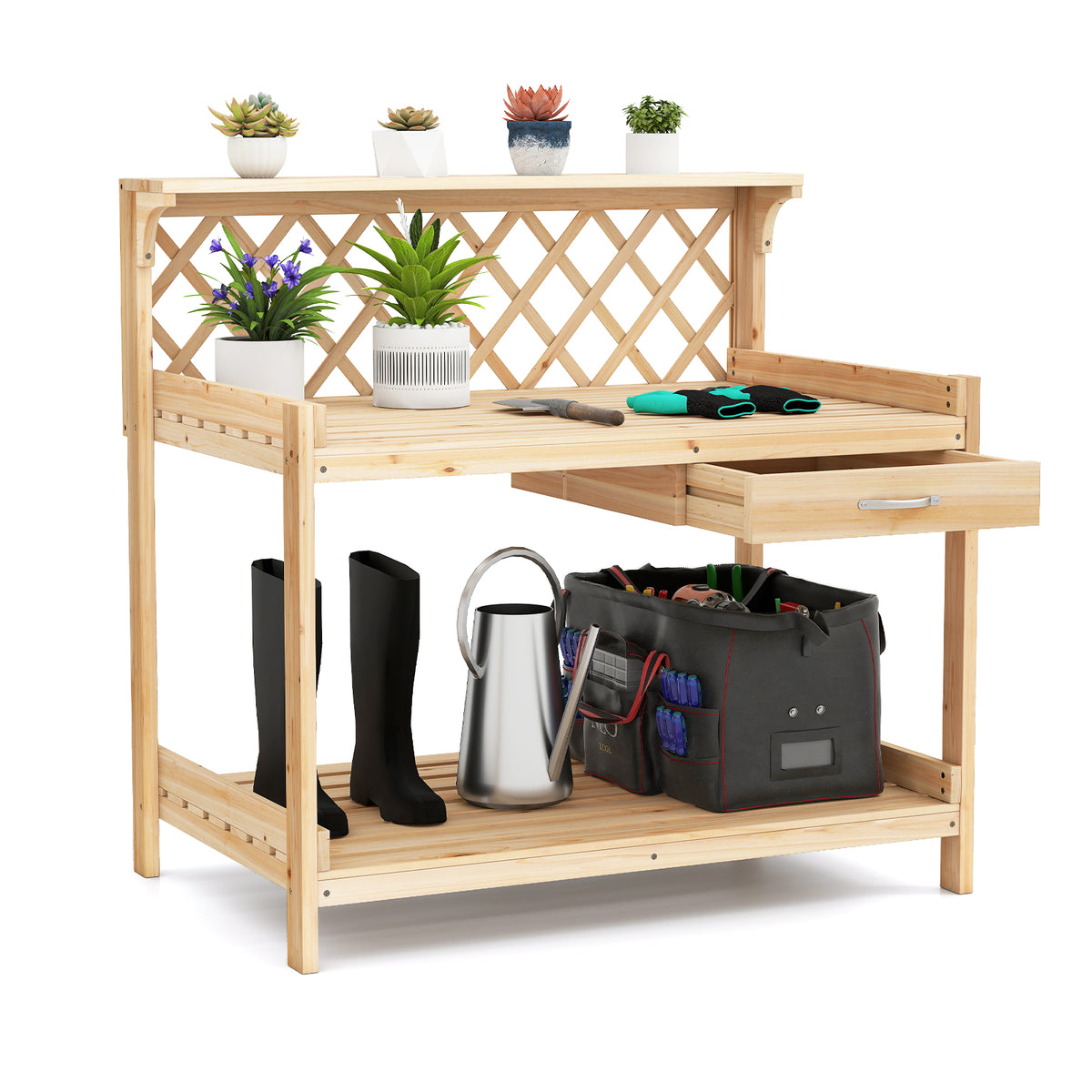 Garden Potting Bench Table Wooden Planting Workstation with Lattice