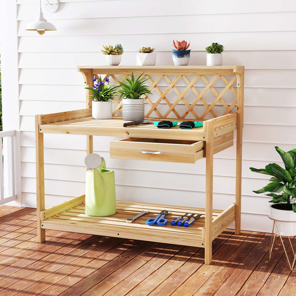 Garden Potting Bench Table Wooden Planting Workstation with Lattice