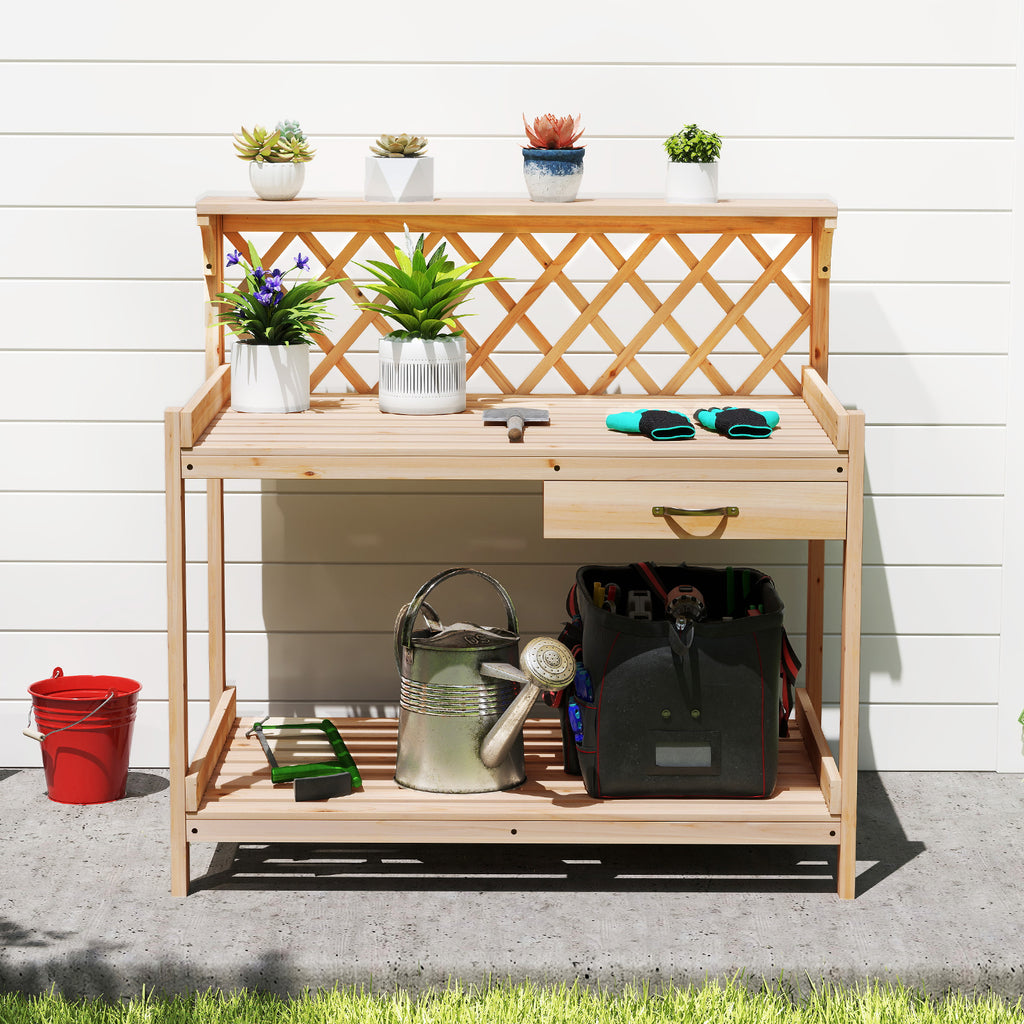 Garden Potting Bench Table Wooden Planting Workstation with Lattice