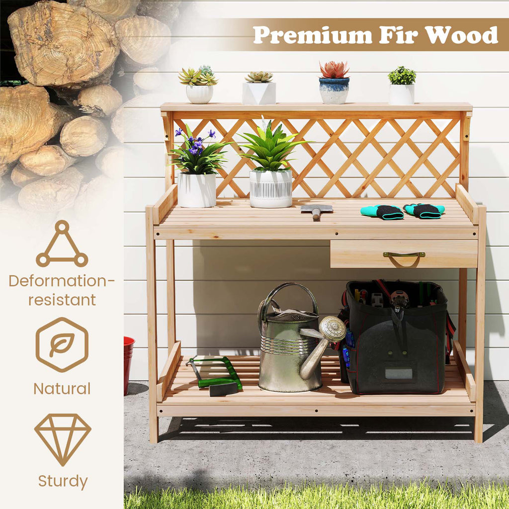 Garden Potting Bench Table Wooden Planting Workstation with Lattice