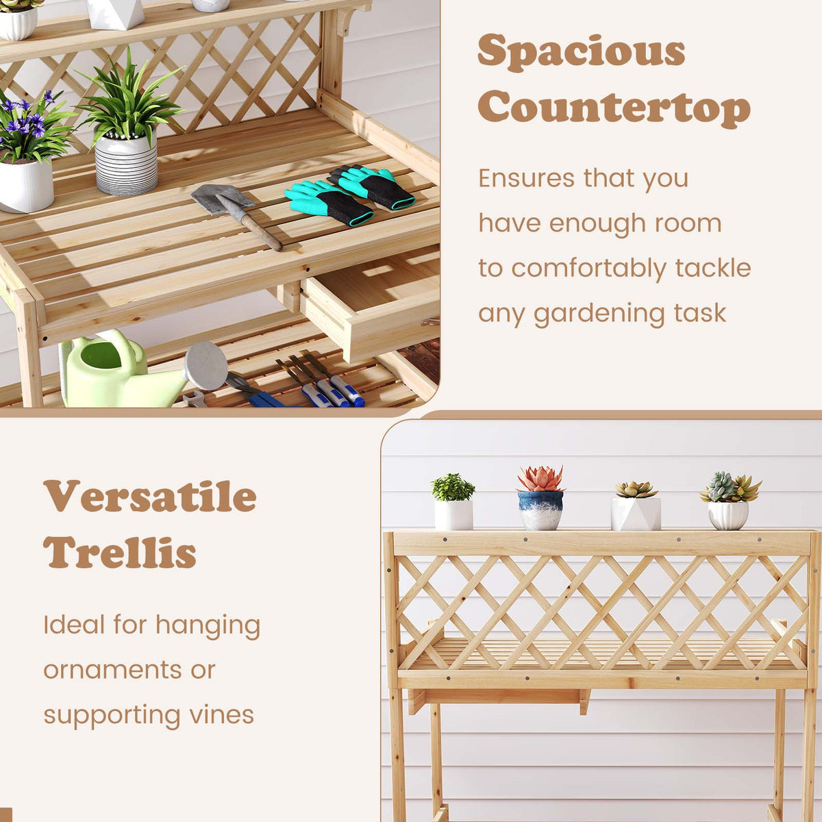 Garden Potting Bench Table Wooden Planting Workstation with Lattice