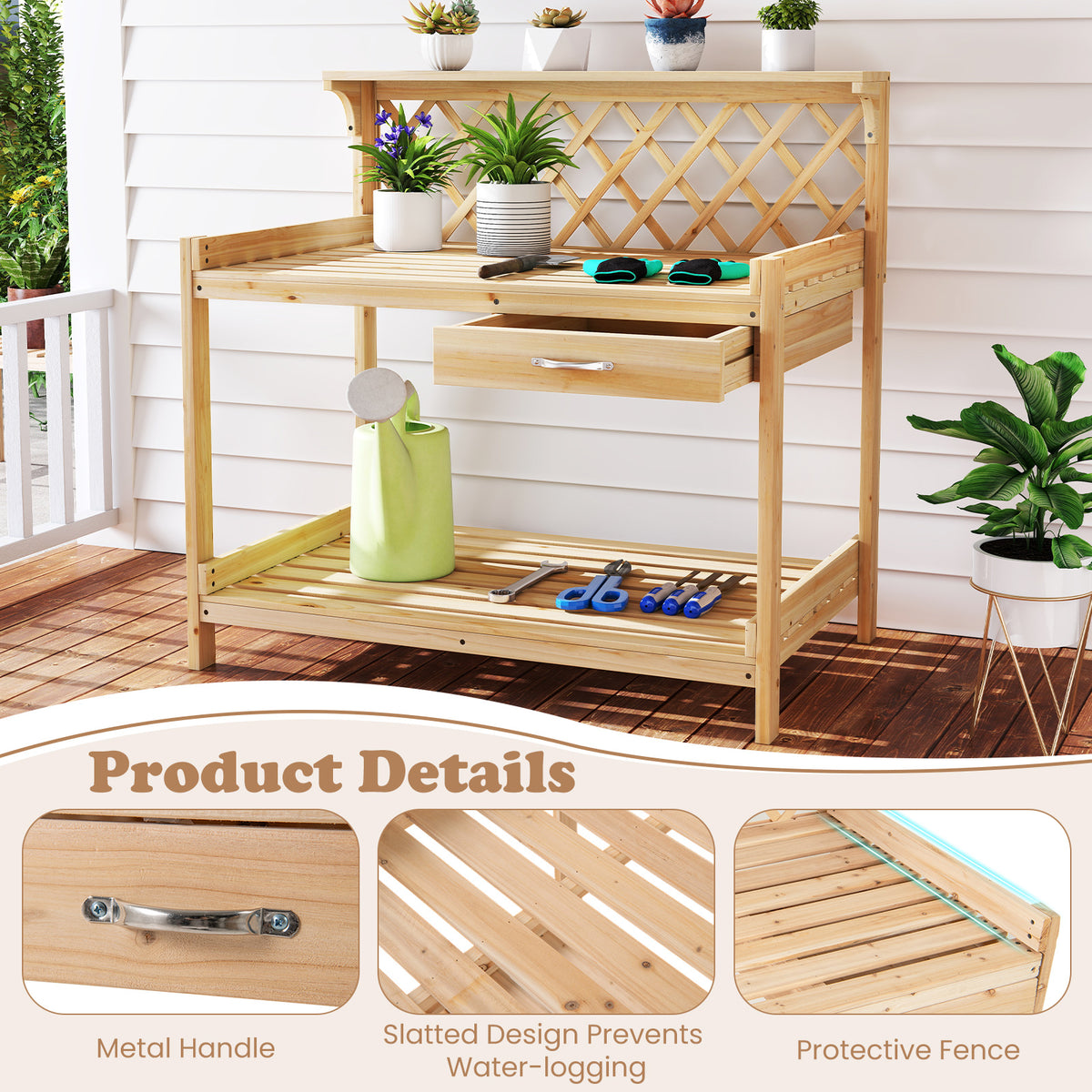 Garden Potting Bench Table Wooden Planting Workstation with Lattice