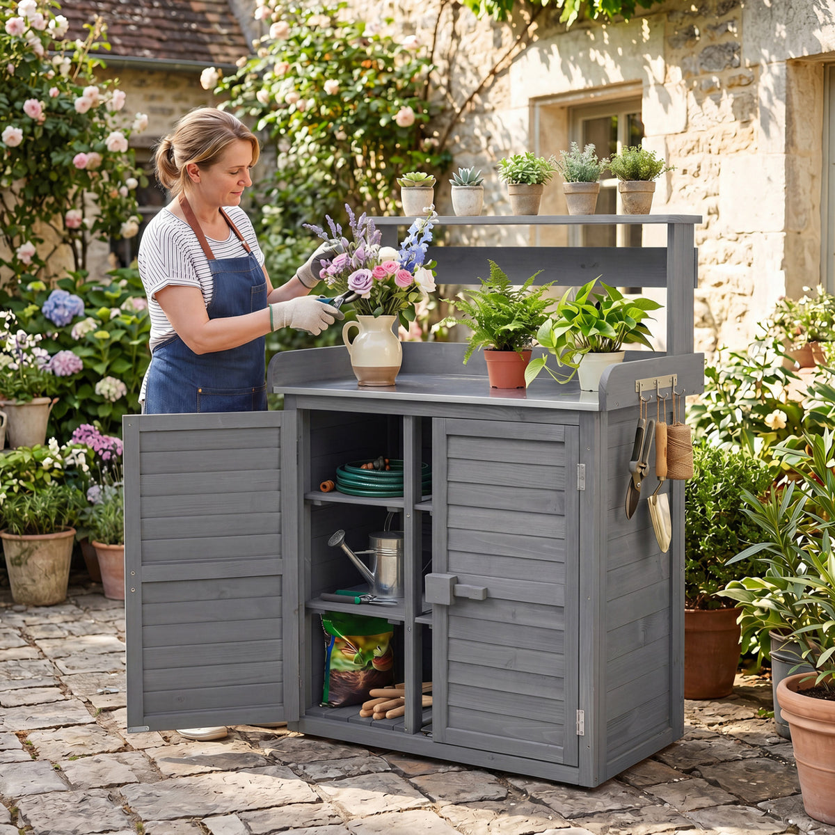 Wood Plant Workstation with Stainless Steel Tabletop and Removable