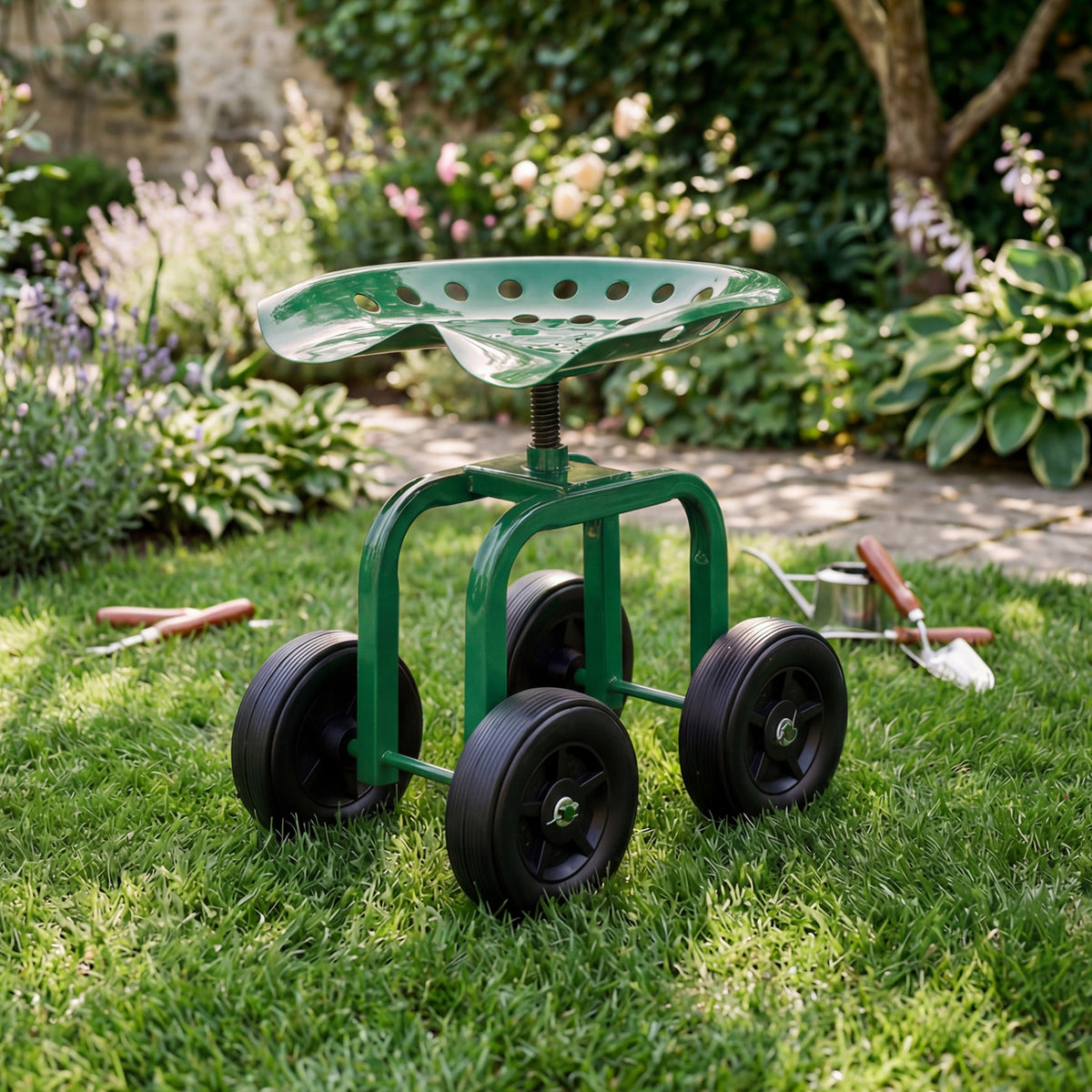 Garden Rolling Seat with 360° Swivel - 18" x 12" x 16-20", Green