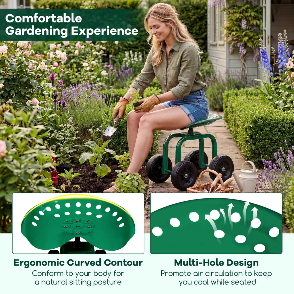 Garden Rolling Seat with 360° Swivel - 18" x 12" x 16-20", Green