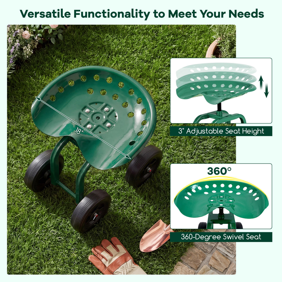 Garden Rolling Seat with 360° Swivel - 18" x 12" x 16-20", Green