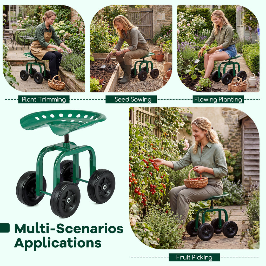 Garden Rolling Seat with 360° Swivel - 18" x 12" x 16-20", Green