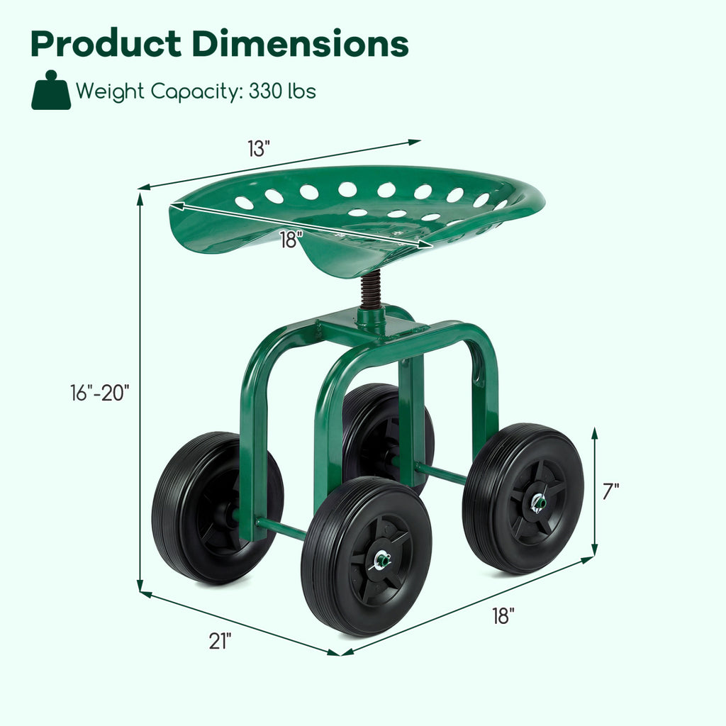 Garden Rolling Seat with 360° Swivel - 18" x 12" x 16-20", Green