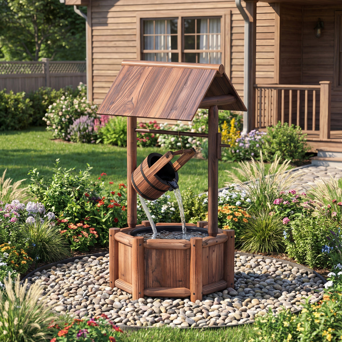 Rustic Wooden Garden Wishing Well Water Fountain with Pump