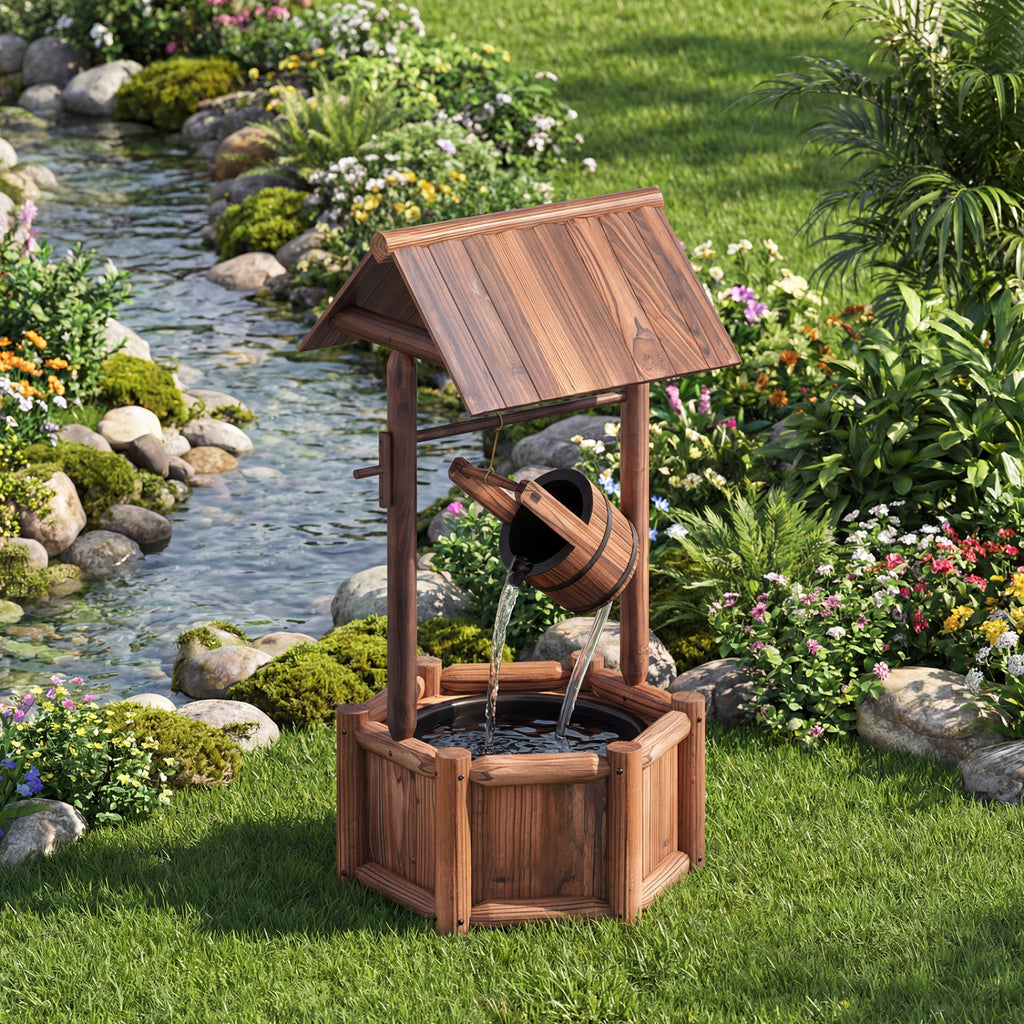 Rustic Wooden Garden Wishing Well Water Fountain with Pump