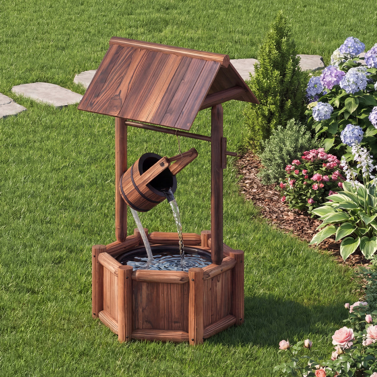 Rustic Wooden Garden Wishing Well Water Fountain with Pump