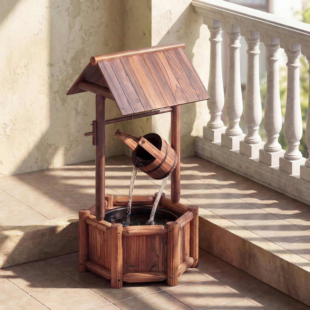 Rustic Wooden Garden Wishing Well Water Fountain with Pump