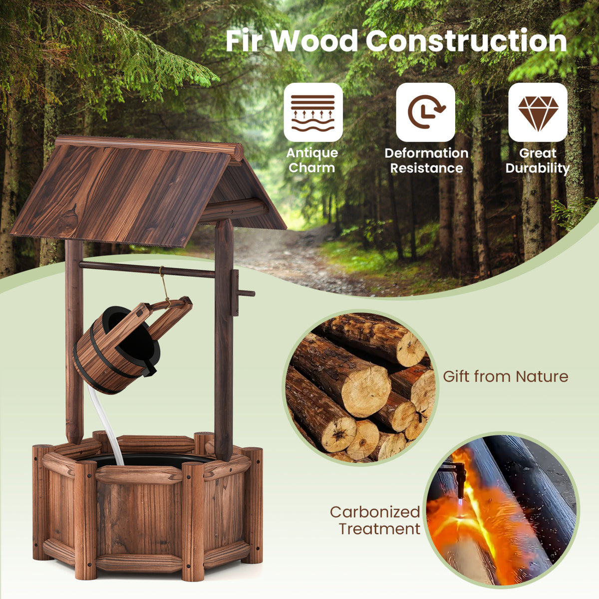 Rustic Wooden Garden Wishing Well Water Fountain with Pump