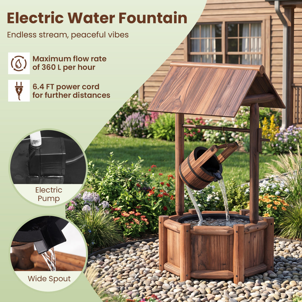 Rustic Wooden Garden Wishing Well Water Fountain with Pump