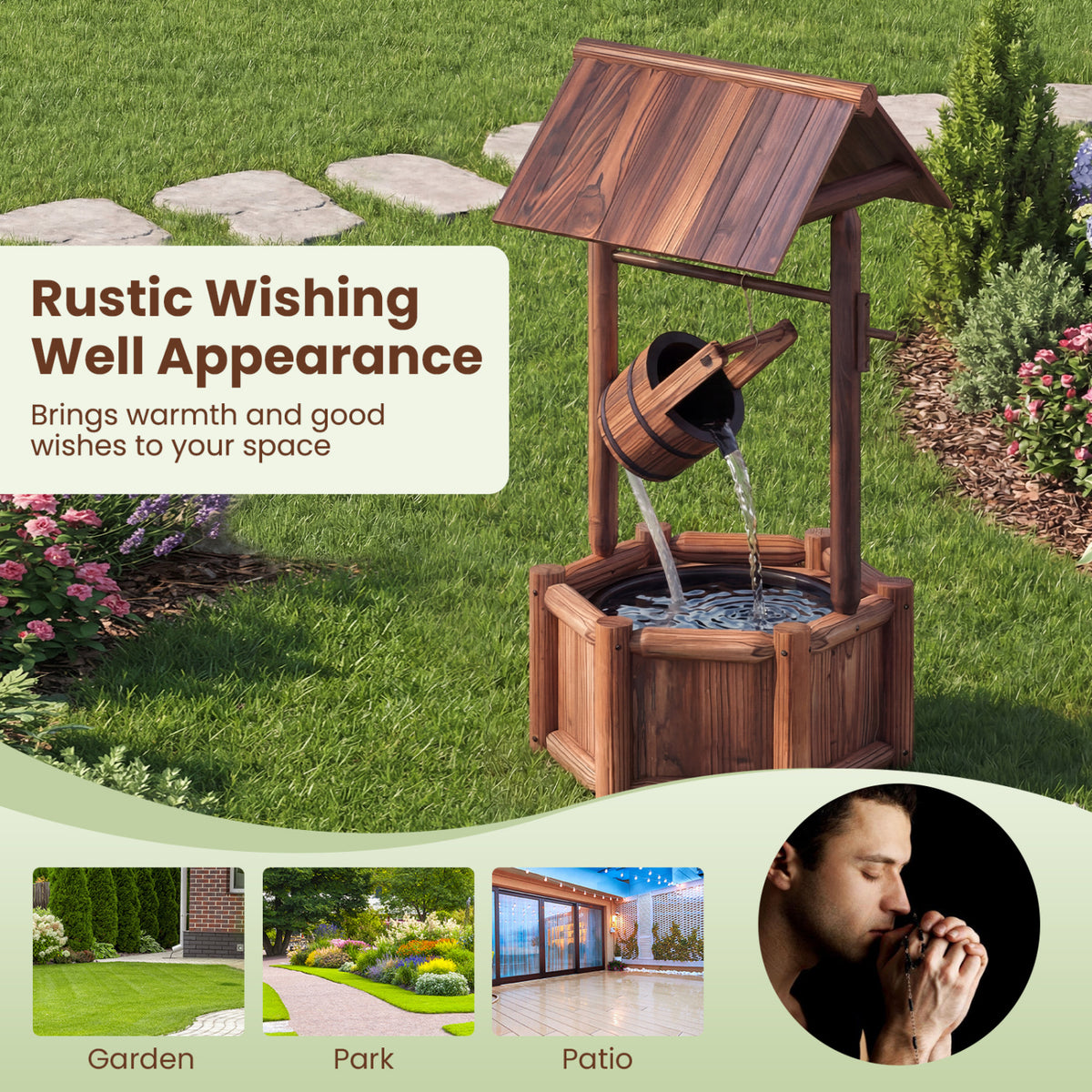 Rustic Wooden Garden Wishing Well Water Fountain with Pump