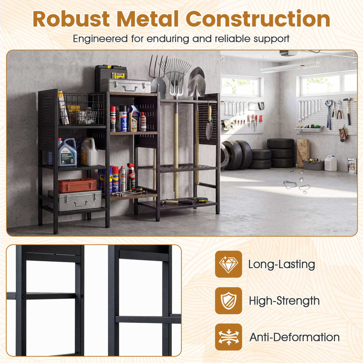 Garden Tool Organizer with Wooden Shelves for Garage and Shed