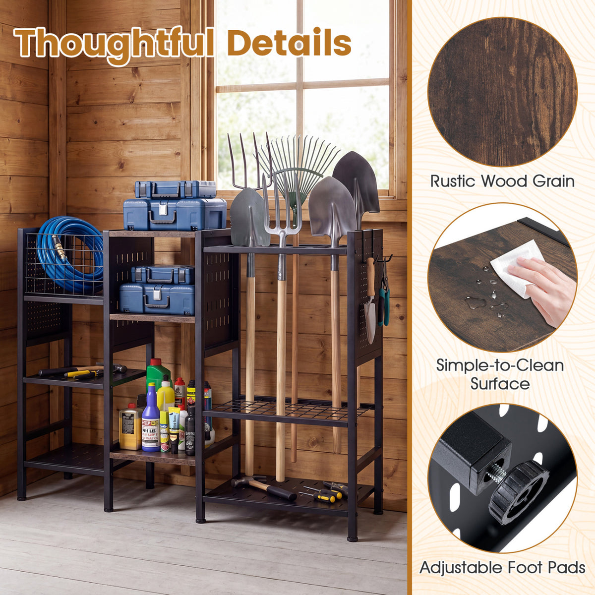 Garden Tool Organizer with Wooden Shelves for Garage and Shed