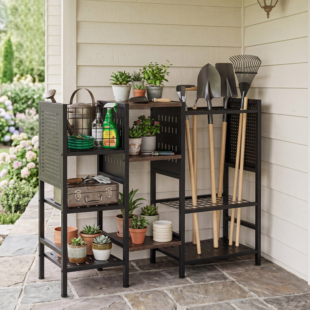Garden Tool Organizer with Wooden Shelves for Garage and Shed
