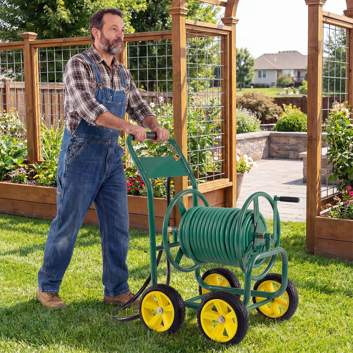 Garden Hose Reel Cart 4-Wheel Heavy Duty - Green
