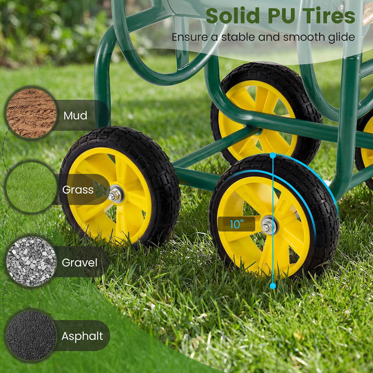 Garden Hose Reel Cart 4-Wheel Heavy Duty - Green