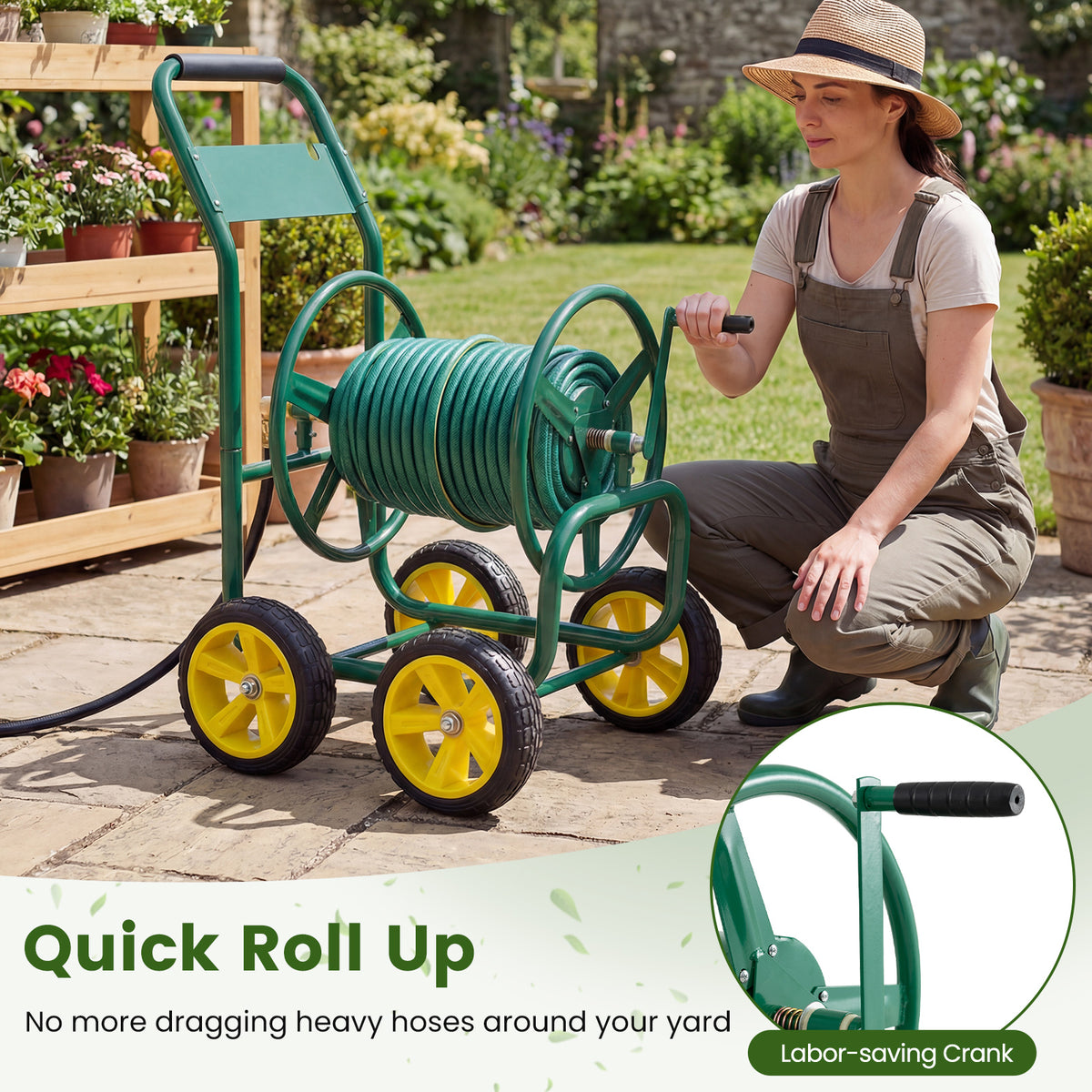Garden Hose Reel Cart 4-Wheel Heavy Duty - Green