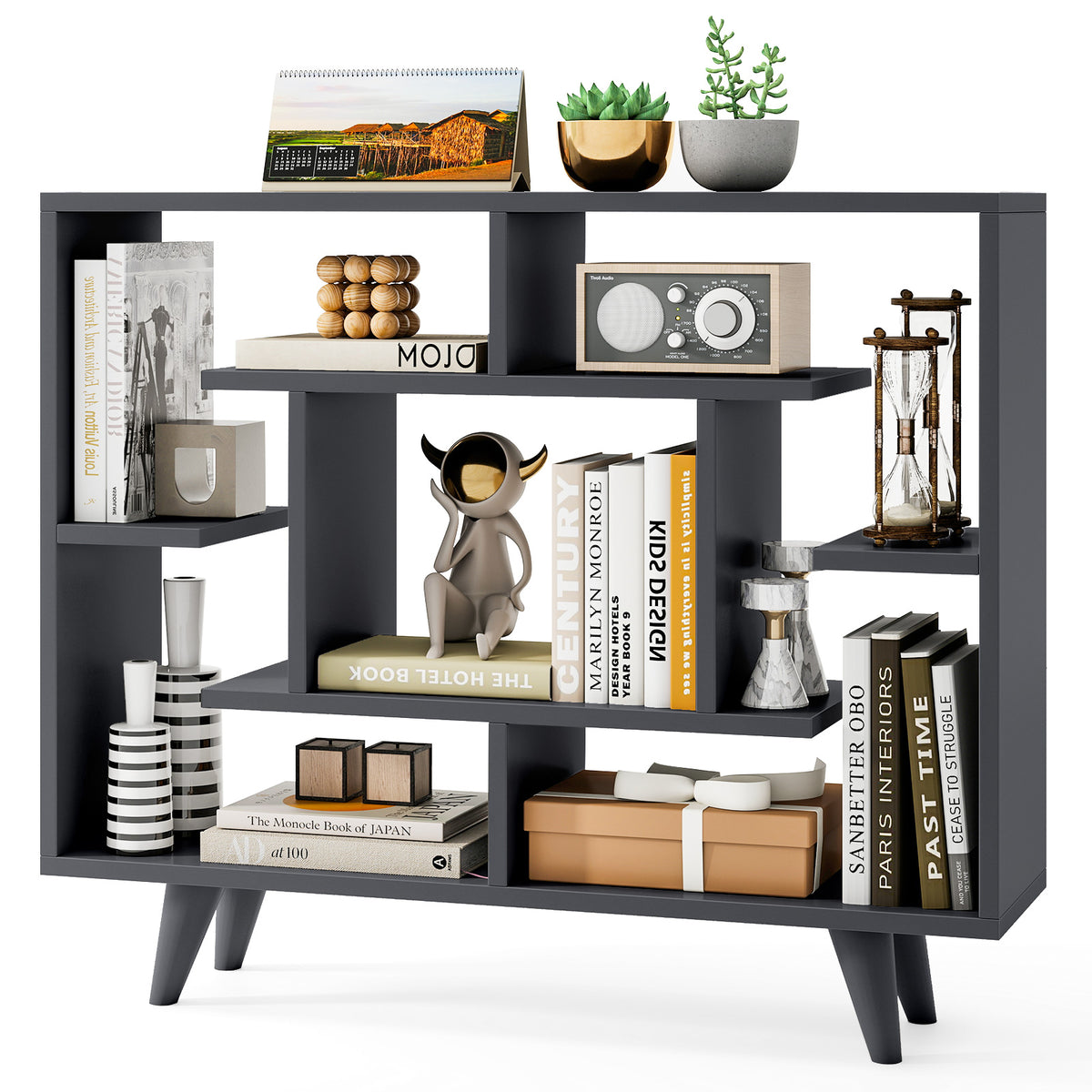 Geometric Bookcase with Storage Shelves - Black