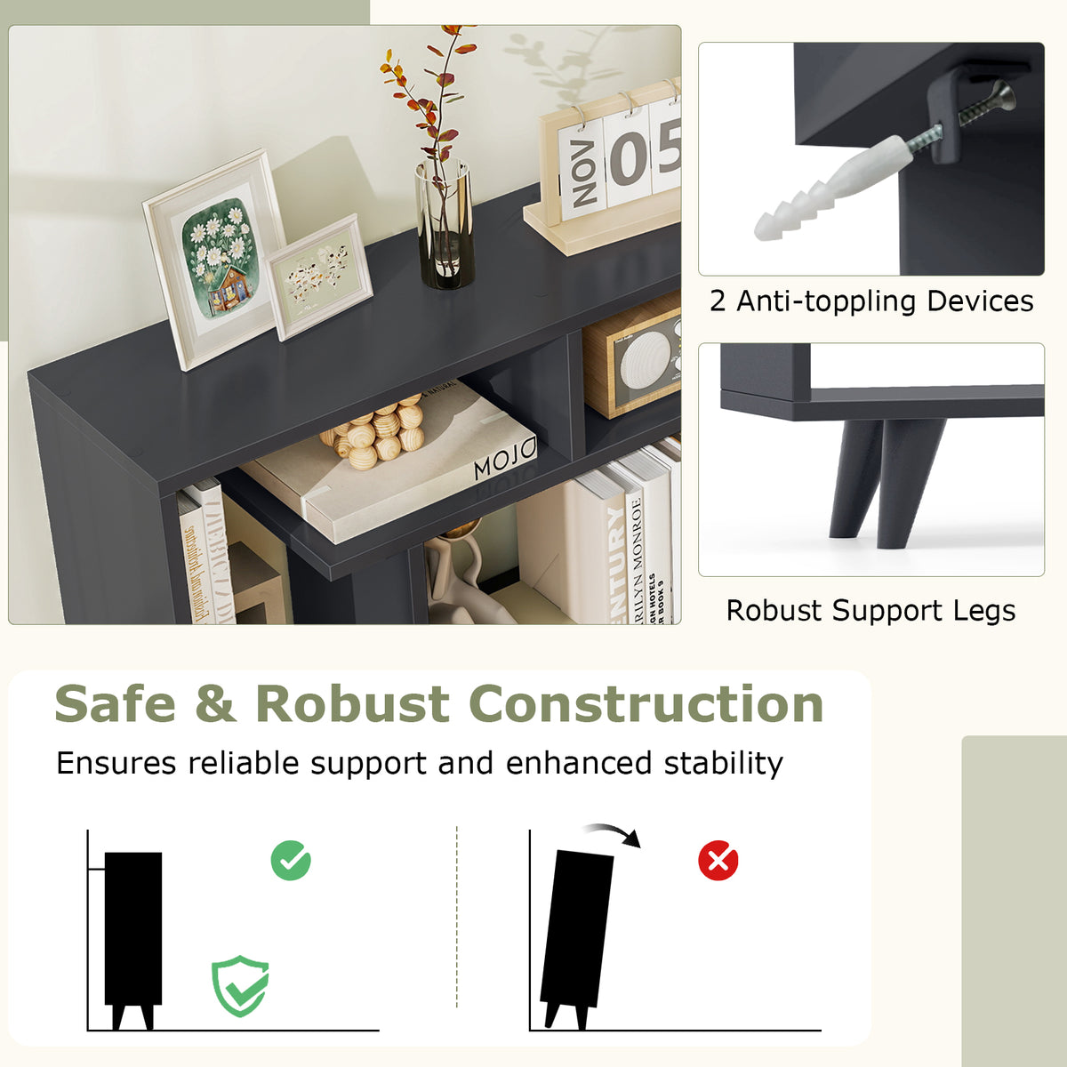 Geometric Bookcase with Storage Shelves - Black