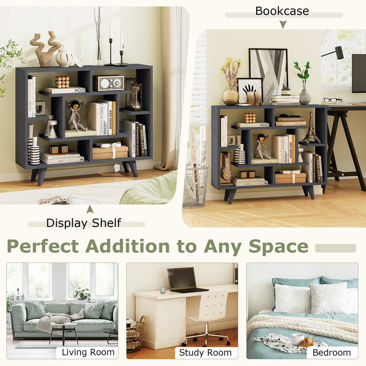 Geometric Bookcase with Storage Shelves - Black