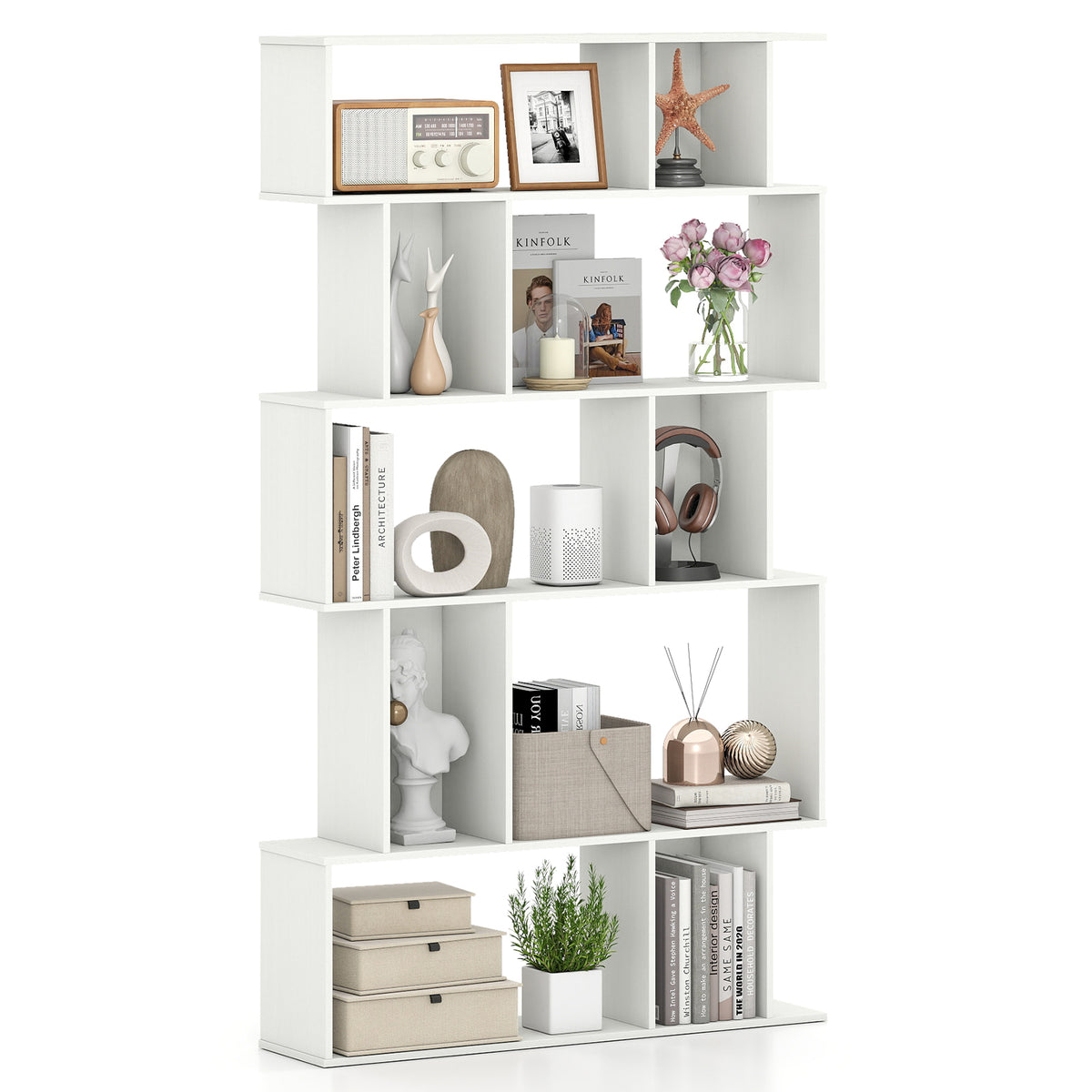 Geometric Bookshelf 5-Tier Bookcase with Cubes - White