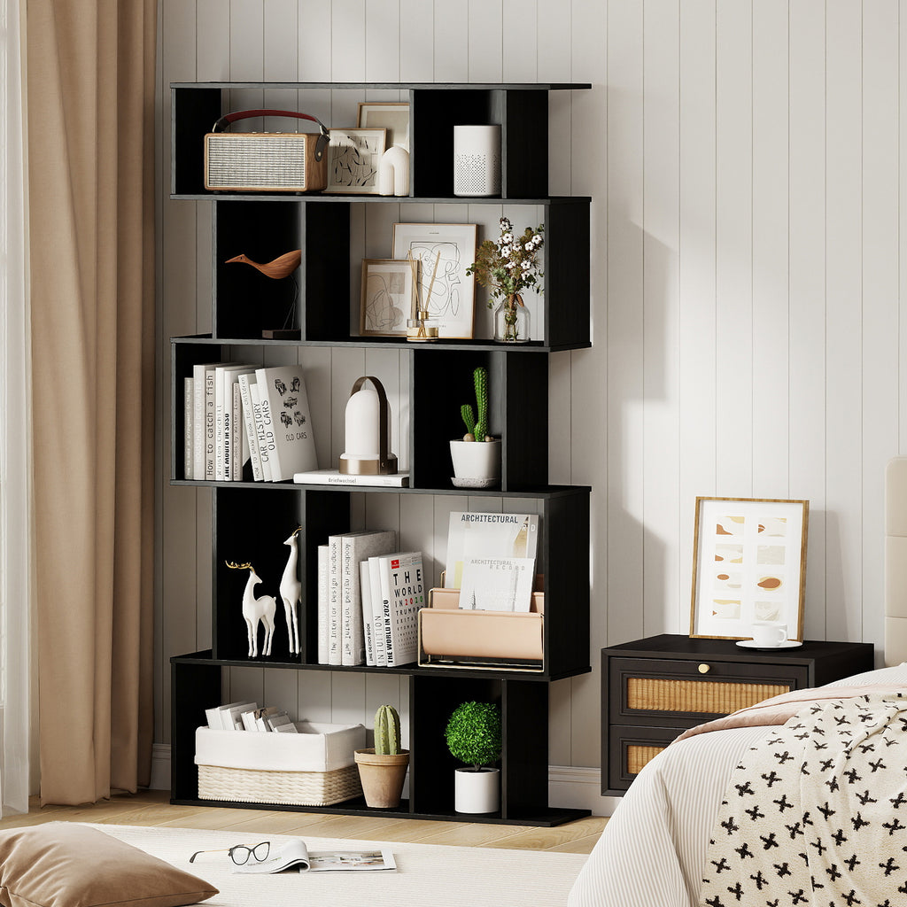 5-Tier Geometric Bookshelf with Cubes - Black