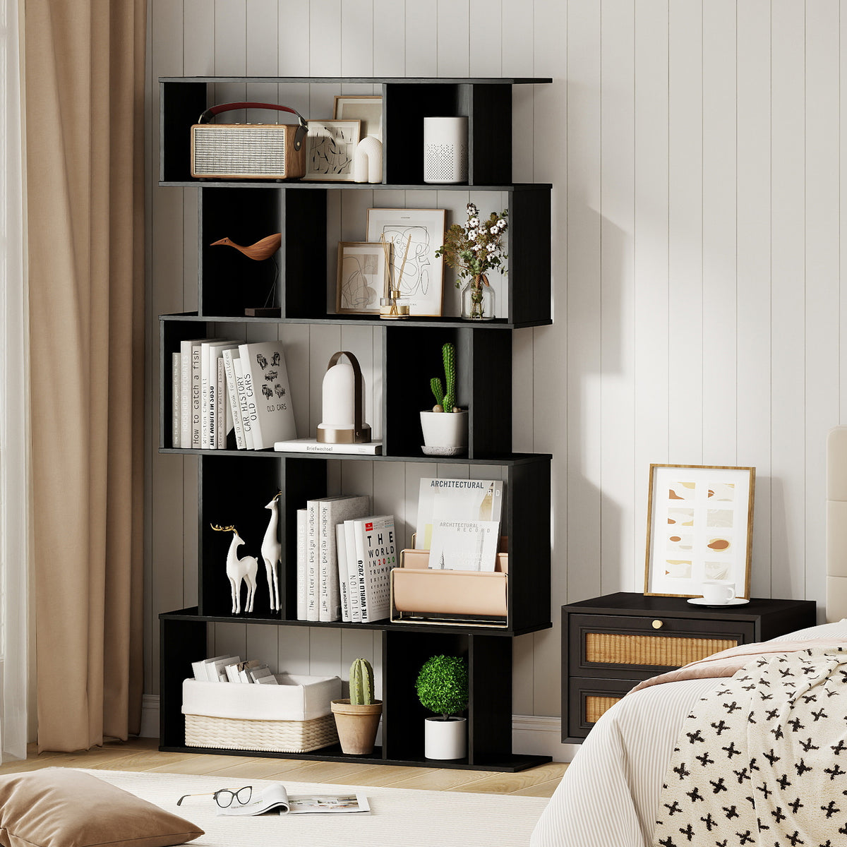 5-Tier Geometric Bookshelf with Cubes - Black