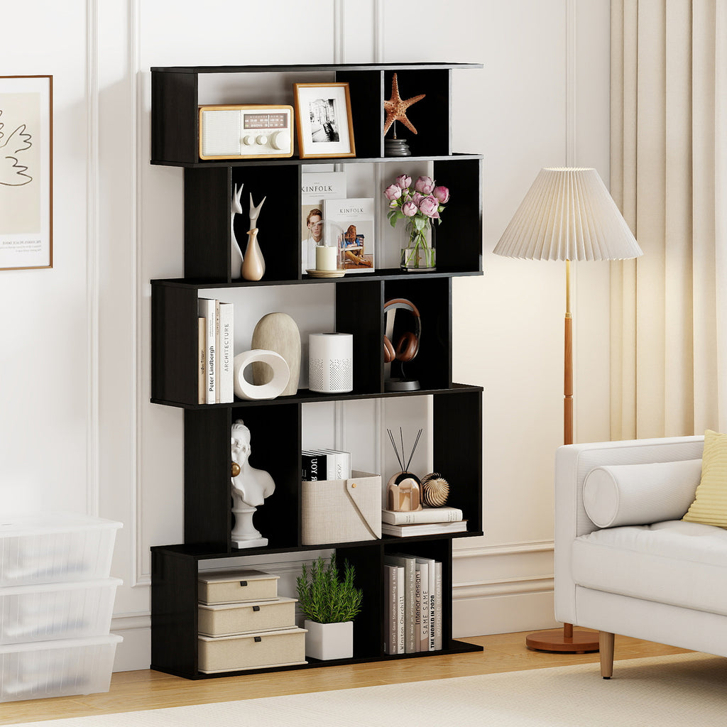 5-Tier Geometric Bookshelf with Cubes - Black