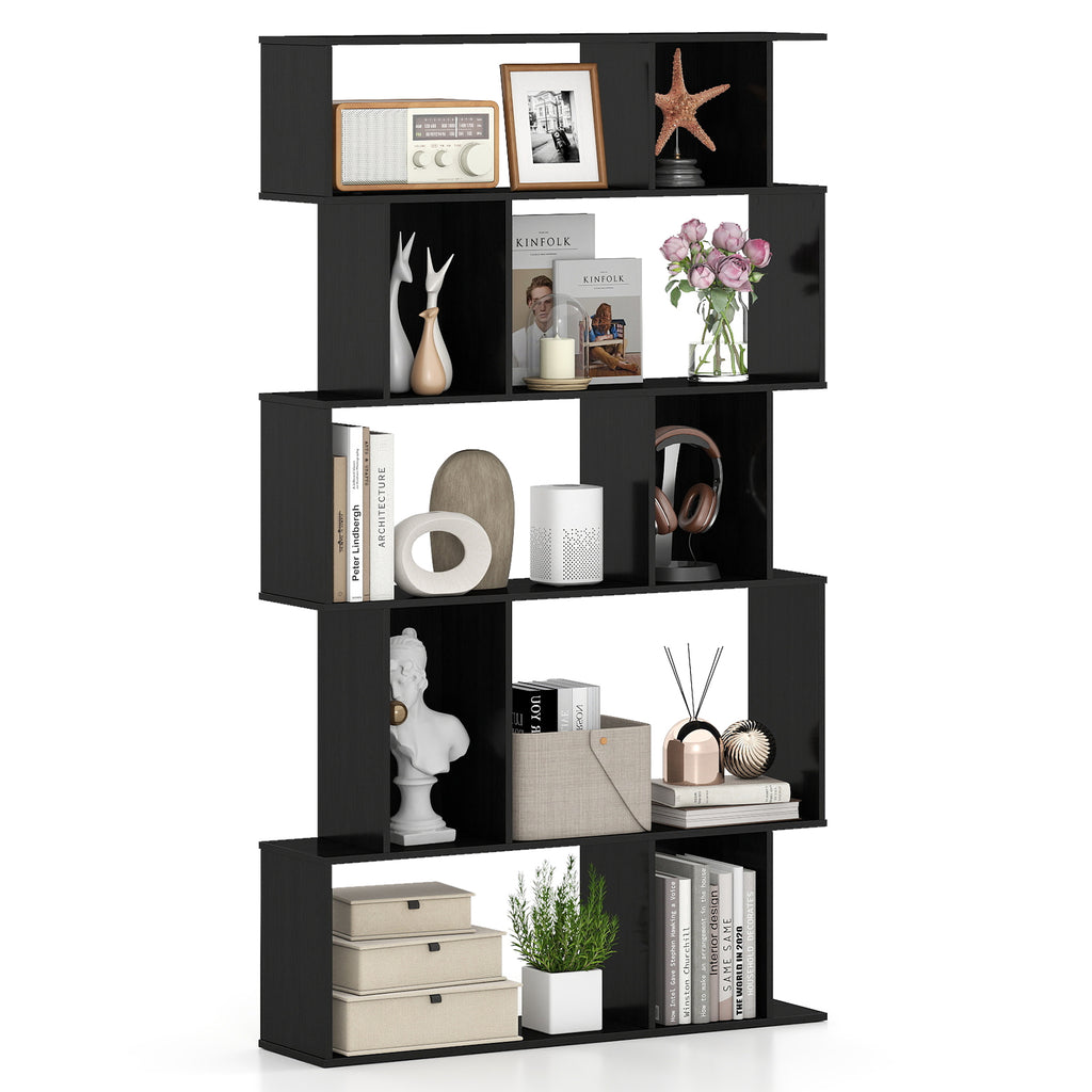 5-Tier Geometric Bookshelf with Cubes - Black