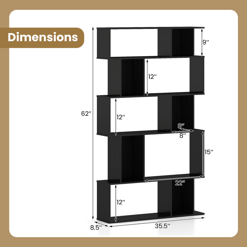 5-Tier Geometric Bookshelf with Cubes - Black