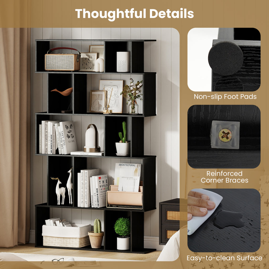 5-Tier Geometric Bookshelf with Cubes - Black