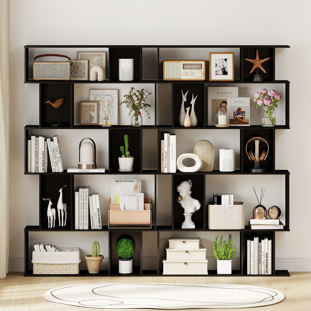 5-Tier Geometric Bookshelf with Cubes - Black