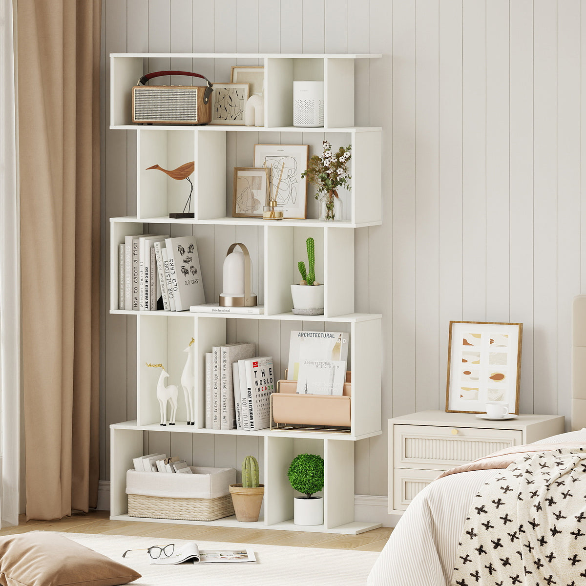 Geometric Bookshelf 5-Tier Bookcase with Cubes - White