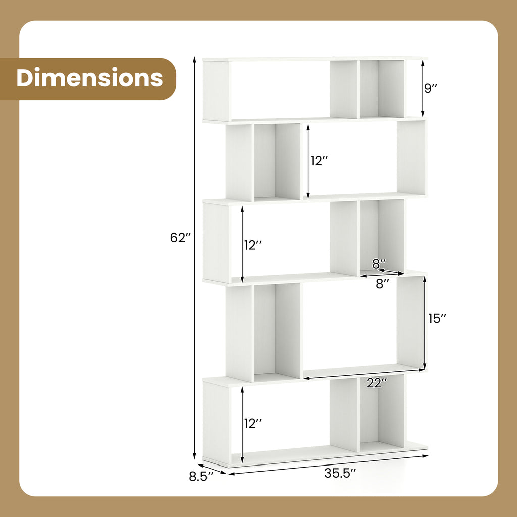 Geometric Bookshelf 5-Tier Bookcase with Cubes - White