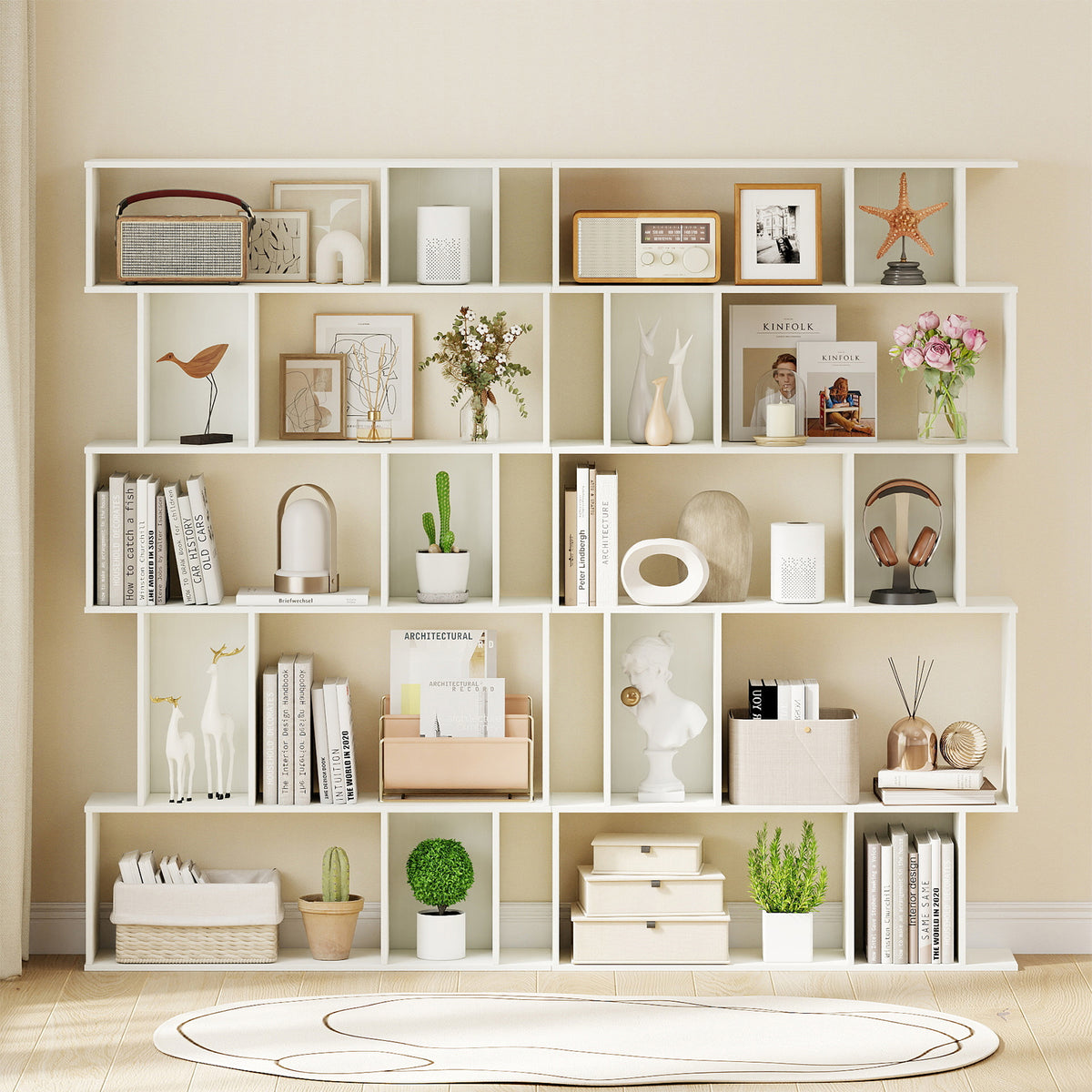 Geometric Bookshelf 5-Tier Bookcase with Cubes - White