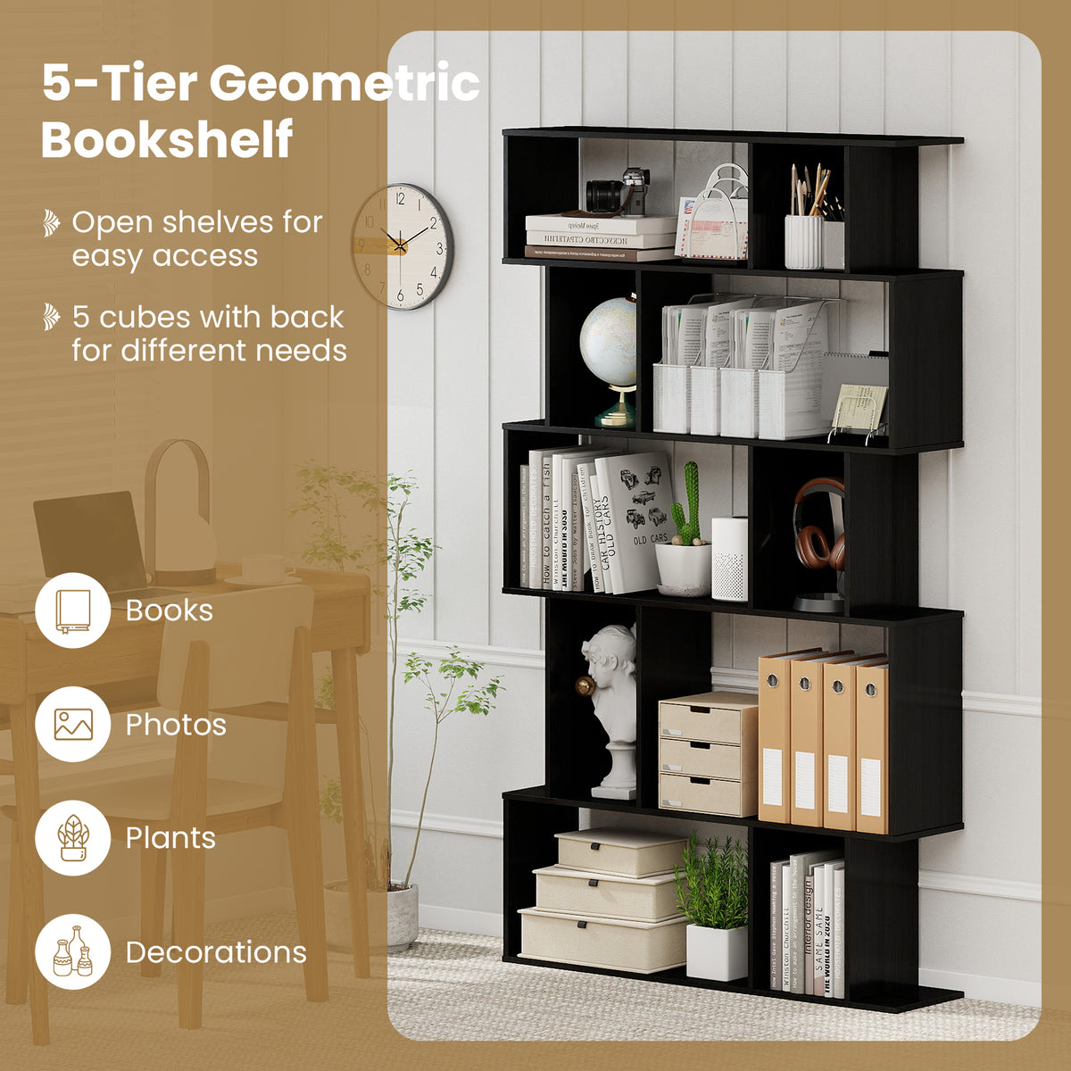 Geometric Bookshelf Set of 2, 5-Tier Cube Bookcase – Black