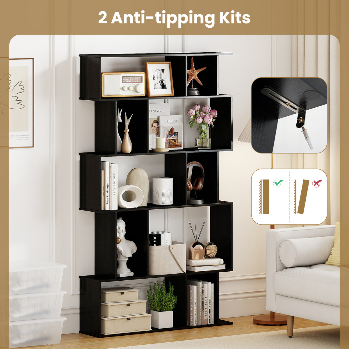 Geometric Bookshelf Set of 2, 5-Tier Cube Bookcase – Black