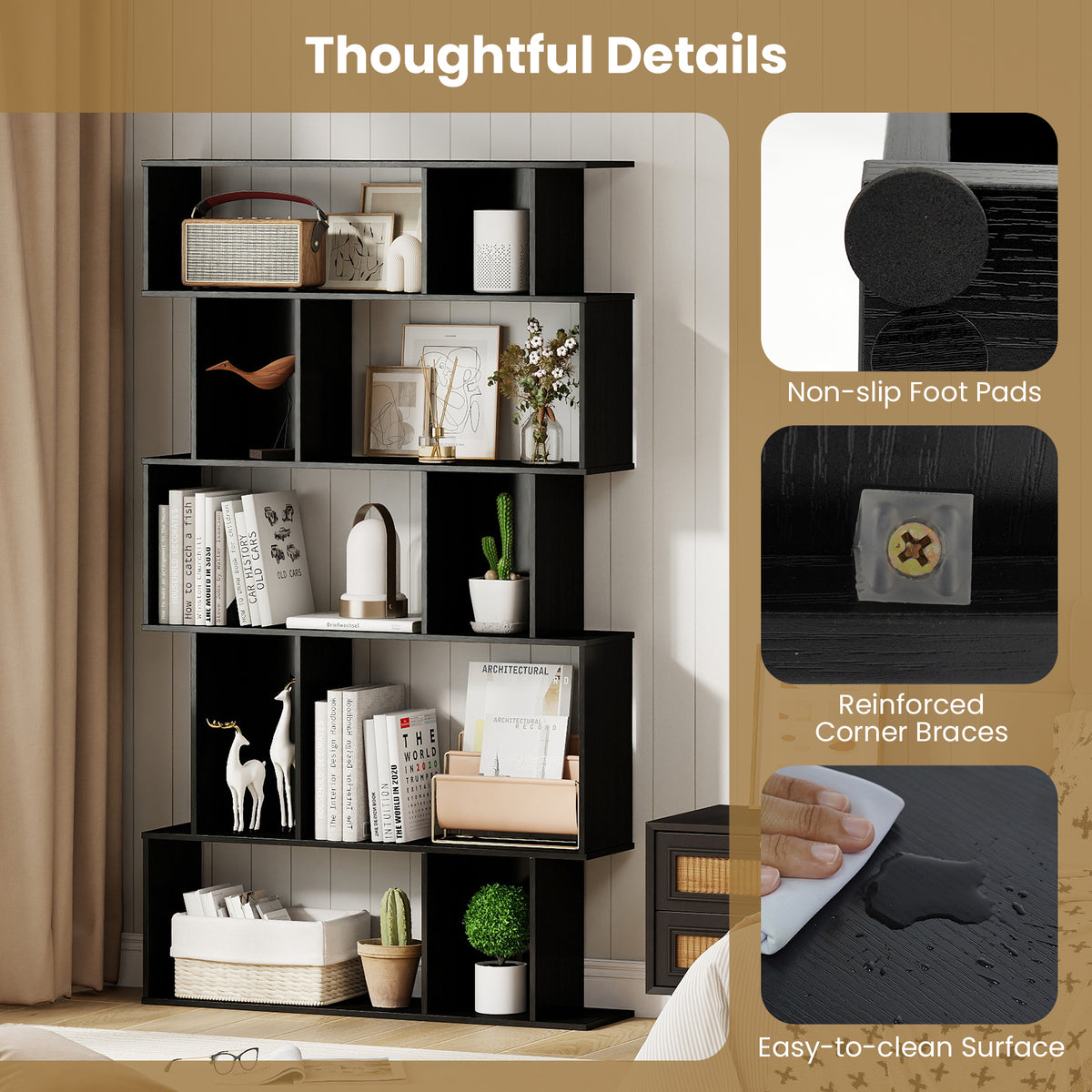 Geometric Bookshelf Set of 2, 5-Tier Cube Bookcase – Black