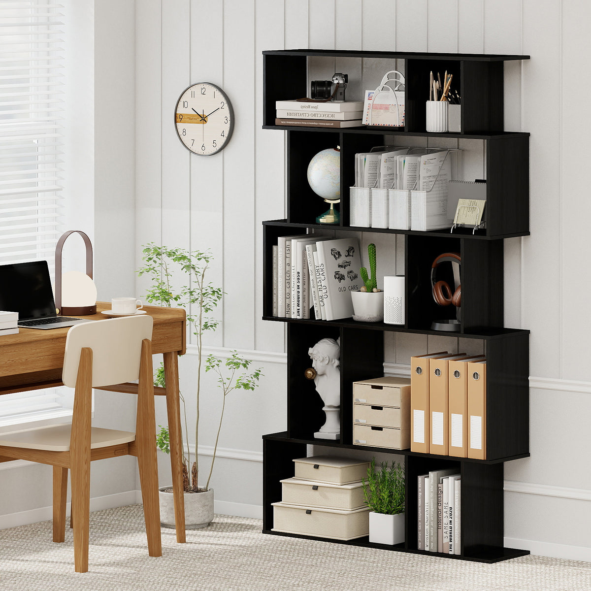 Geometric Bookshelf Set of 2, 5-Tier Cube Bookcase – Black