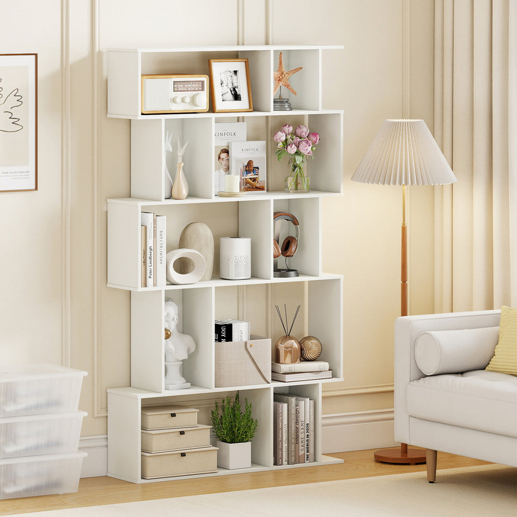 Geometric Bookshelf Set of 2, 5-Tier Bookcase, White