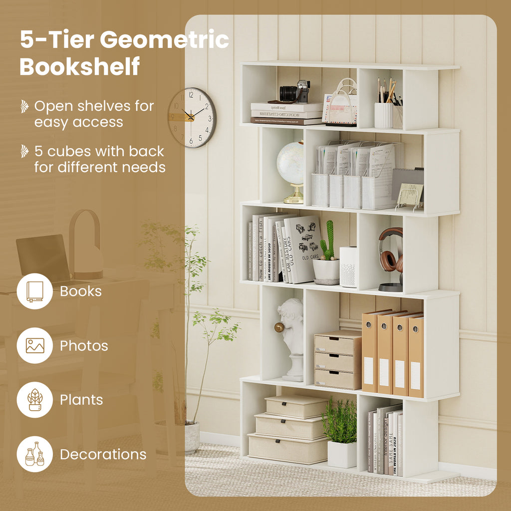 Geometric Bookshelf Set of 2, 5-Tier Bookcase, White