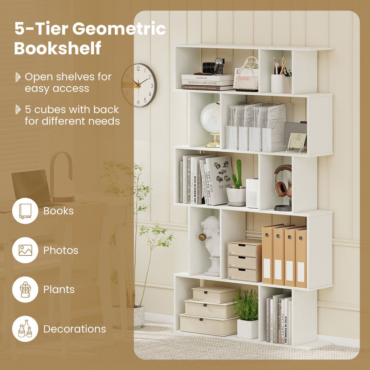 Geometric Bookshelf Set of 2, 5-Tier Bookcase, White