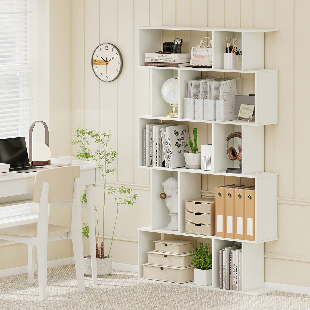 Geometric Bookshelf Set of 2, 5-Tier Bookcase, White