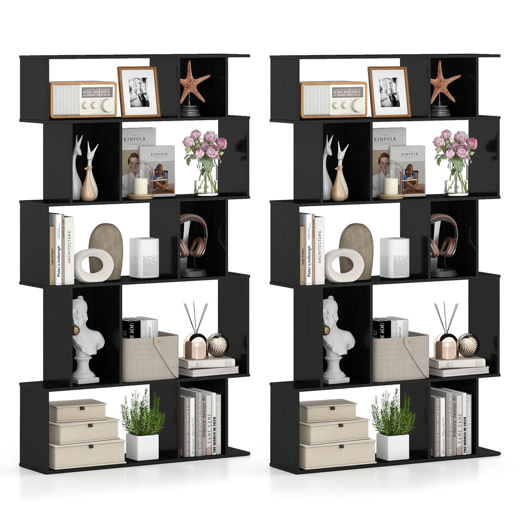 Geometric Bookshelf Set of 2, 5-Tier Cube Bookcase – Black
