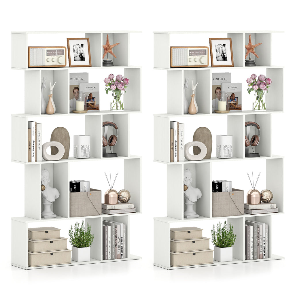 Geometric Bookshelf Set of 2, 5-Tier Bookcase, White